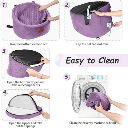 Lealchum Dog Car Seat for Small Dogs Up to 30 Lbs,Ultra Soft Fabric Fill in Comfy Memory Foam,Happy Pet Ride,2 Safety Dog Leashes,Fully Detachable and Washable,Anti Slip Base(Purple)
