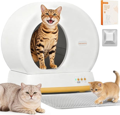 MeoWant Automatic Cat Litter Box，Extra Large Self Cleaning Litter Box for Multiple Cats, App Control, Odor Free, Safety Protection with Trash Bags, Yellow