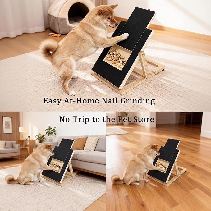 Dog Nail Scratch Board with Treat Drawer,Wooden Nail Filing Pad for Dogs - Adjustable Home Grooming Tool with Durable Self-Adhesive Sandpaper,Suitable for All Breeds