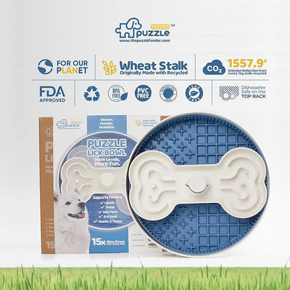 Puzzle Feeder Slow Dog Bowl for Dry, Wet, and Raw Food - 9.8 Inches Lick Bowl Makes Mealtime Fun for Large Dogs, Blue