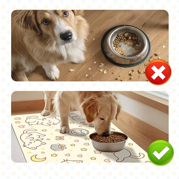 Cute Sweet Cat Food Mat for Dog Food Mat Food and Water Bowl Pet Feeding Bowl Mats for Pet Feeding Areas Easy Clean Fast Dry Feedings Pad Cats, Kittens & Small Dogs 24" x 16"