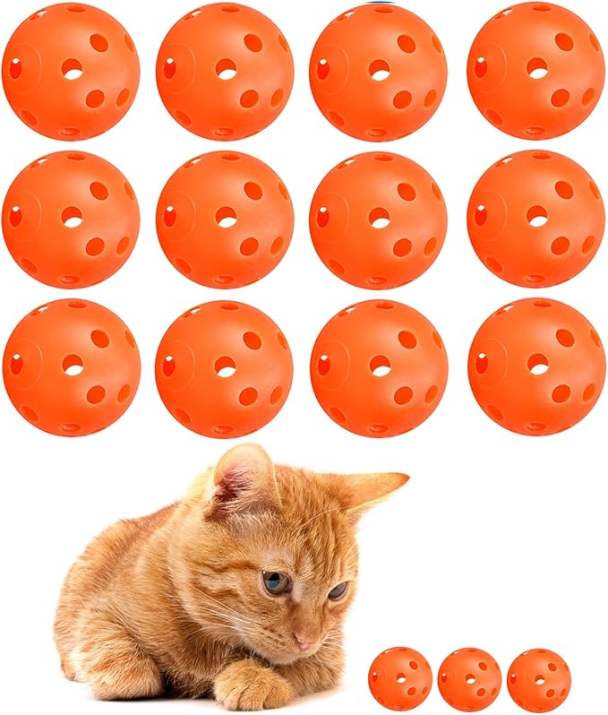 12Pcs Cat Ball Toy, Low Noise No Bells Holey Plastic Cat Balls, Funny Interactive Cats Toys for Indoor Cats, Firm Toy Balls for Kitten Puppy Ferret Bird (1.65", Orange)