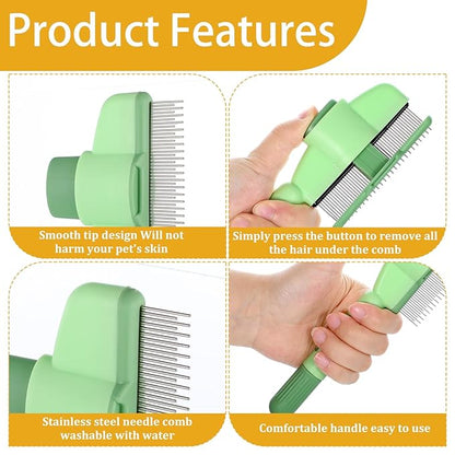 Flea Comb for Dogs and Cats with Release Button, 2PCS Comfort safety Pet Hair Removal Comb & Flea Combs with Long & Short Stainless Steel Metal Teeth for Short/Long Hair