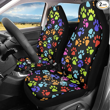 Colorful Paw Print Car Seat Covers Set of 2 Cute Waterproof Front Seat Covers Stretch Polyester Fabric Automobile Accessory Universal Fit for Truck Van SUV
