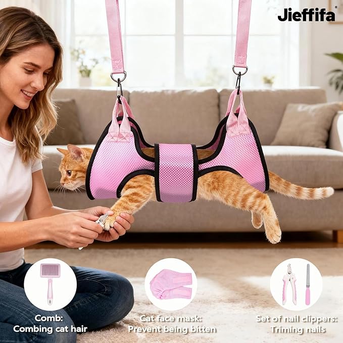 Dog Grooming Hammock, Cat/Small Dog Hammock for Nail Trim, Hanging Harness for Claw Care,Grooming Sling Holder Hanger with Thick Fabric Neck Support Wide Strap Restraint(Pink,xs)