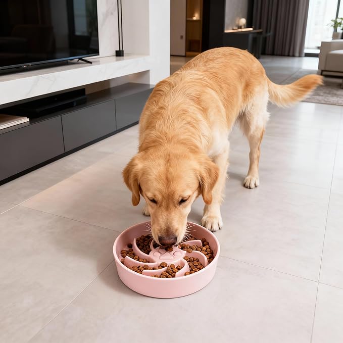 Ceramic Slow Feeder Dog Bowl, 1.5 Cup Dog Food or 20oz Water, Slow Eating Bowl for Small Breed, Maze Puzzle Feeder for Fast Eaters, Anti-Choking Stop Bloat, Non-Slip BPA Free (Pink)