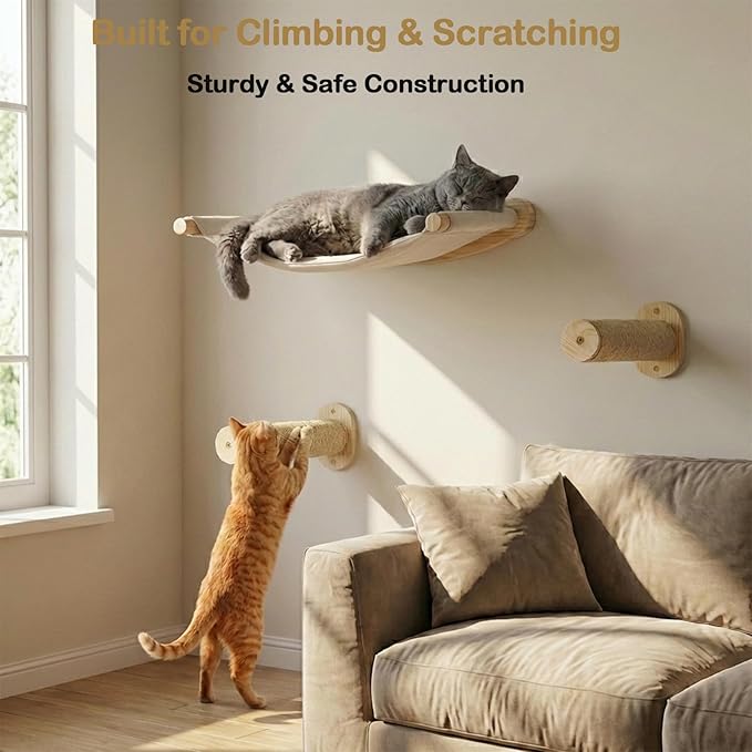 Faux Rabbit Fur Cat Wall Hammock - 2-Step Climbing Shelf, Wall Mounted for Indoor Large Cats