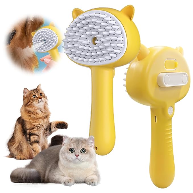 Pet Steam Spray Brush, 4-in-1 Steam Cat Brush with Handle, Rubber Pet Spray Brush, Rubber Pet Spray Brush with Release Button, Dog Comb with Longhair & Shorthair Cat & Dog Cleaner (Yellow)