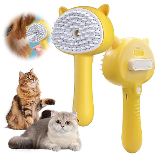 Pet Steam Spray Brush, 4-in-1 Steam Cat Brush with Handle, Rubber Pet Spray Brush, Rubber Pet Spray Brush with Release Button, Dog Comb with Longhair & Shorthair Cat & Dog Cleaner (Yellow)