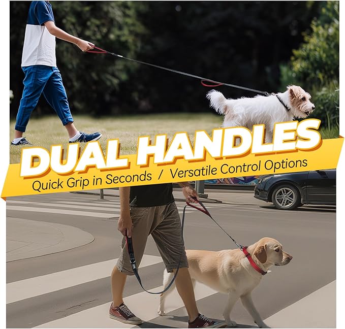 VIVAGLORY Dog Leash Twingrip Double Handle Dog Leash with Traffic Handle Control & 2 Loop for Walking & Training, Reflective Heavy Duty for Puppy Pet Collar, 4ft x 1/2in, Black