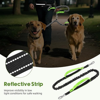 Hands Free Dog Leash for 2 Dogs with Pouch, Waist Leash for Dog Walking, Retractable Leashes with Dual Padded Handles, Adjustable Reflective Belt for Small Medium Large Dogs, Black Green