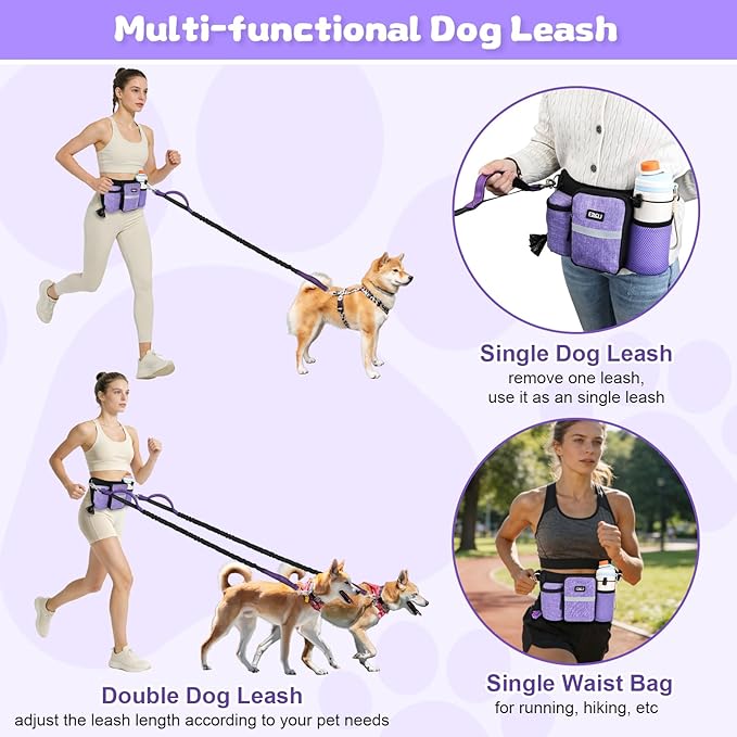 ETACCU Heavy Duty Hands Free Dog Leash with Zipper Pouch Waist Belt for Large Medium Dogs for Running, Walking, Jogging and Hiking, Dual Padded Handles and Durable Bungee (1 Dog Purple)
