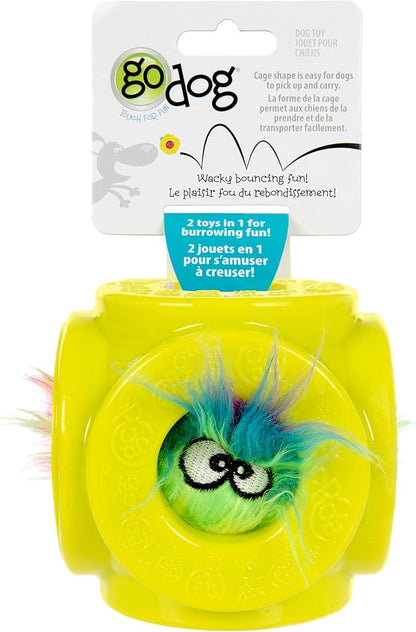 goDog Cage Ball 2-in-1 Burrow Bounced w/Furballz Squeaky Plush Ball Dog Toy - Yellow, One Size