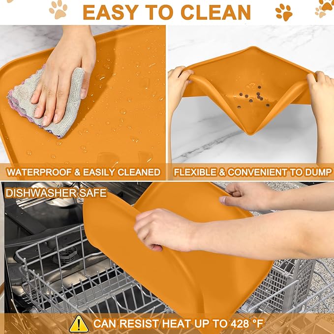 Silicone Pet Food Mat with Raised Edge for Food and Water Bowl, Dog Feeding Mats, Cat Food Trays for Floor Waterproof, Rubber Tray for Dogs and Cats, 19 x 12 x 0.7 Orange