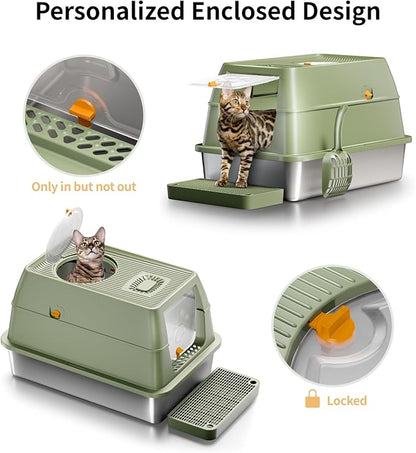 Stainless Steel Cat Litter Box with Lid, XL Large Enclosed High Sided Litter Box with Removable Lid, Carbon Filters -Odor Free, Easy Cleaning, Anti-Urine Leakage for Big Cats -Green