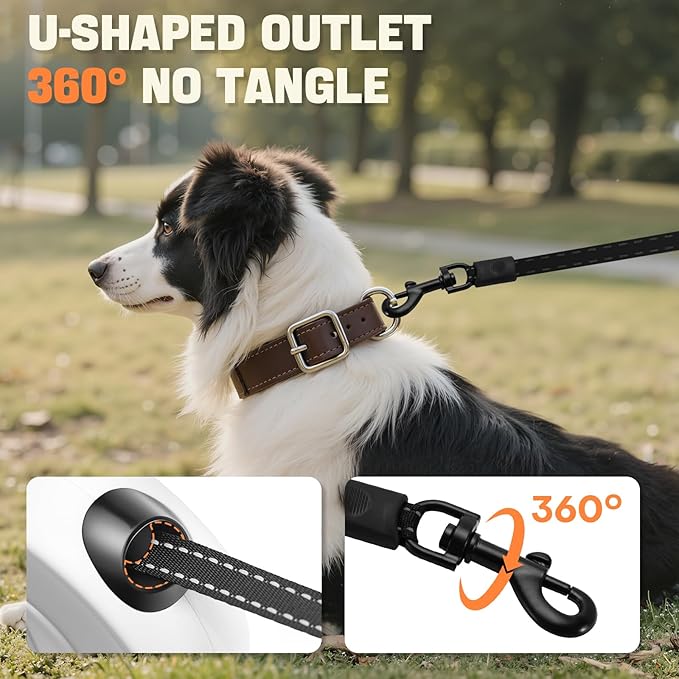 Retractable Dog Leash with LED Light & Reflective Tape for Night Walk, 16ft Dog Leash with Poop Bag Dispenser, Chew-Proof Steel Cable, One-Button Brake & Lock for Medium Dogs up to 66 lbs (BLK&WHT)