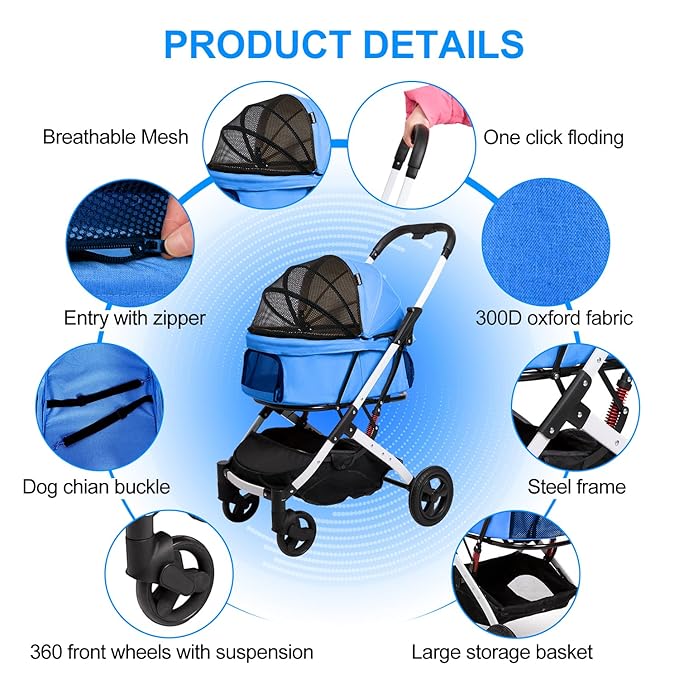 Pet Stroller for Medium Small Dog & Cat, Foldable Lightweight Dog Stroller with Storage Basket Pet Travel Carriage with Safety Leashes, 4 Wheel, Blue