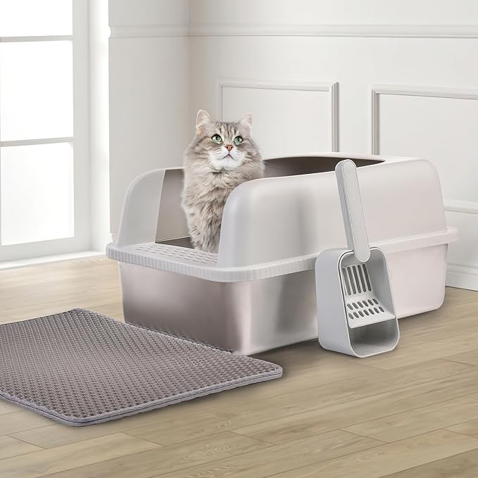 Henkelion 2 Pack Stainless Steel Cat Litter Box with Lid, 20" L x 14.2" W x 11.8" H, Extra Large Litter Box for Big Cats with High Sided, Anti-Urine Leakage, Easy Cleaning, Include Cat Mat and Scoop
