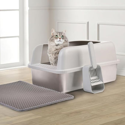Henkelion 2 Pack Stainless Steel Cat Litter Box with Lid, 20" L x 14.2" W x 11.8" H, Extra Large Litter Box for Big Cats with High Sided, Anti-Urine Leakage, Easy Cleaning, Include Cat Mat and Scoop