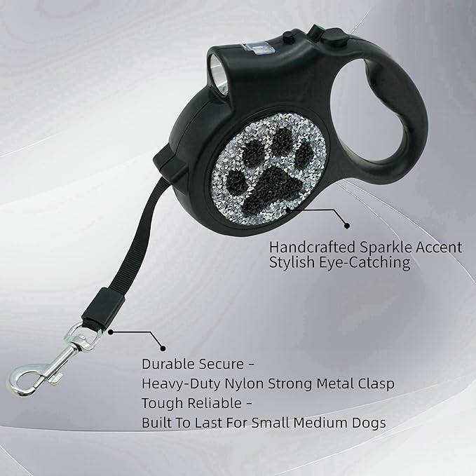 Led Retractable Dog Leash – 16ft Leash with Handcrafted Sparkle Detail Tangle-Free One-Hand Brake Soft Grip Handle for Small & Medium Dogs Up to 77lbs (DL-BK)