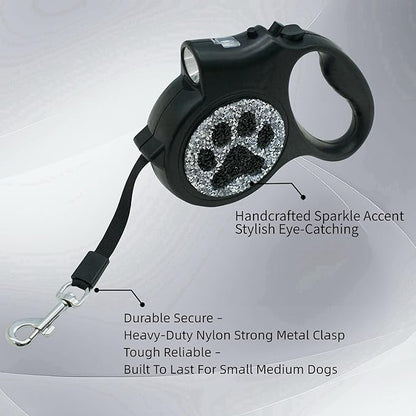 Led Retractable Dog Leash – 16ft Leash with Handcrafted Sparkle Detail Tangle-Free One-Hand Brake Soft Grip Handle for Small & Medium Dogs Up to 77lbs (DL-BK)