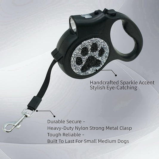 Led Retractable Dog Leash – 16ft Leash with Handcrafted Sparkle Detail Tangle-Free One-Hand Brake Soft Grip Handle for Small & Medium Dogs Up to 77lbs (DL-BK)