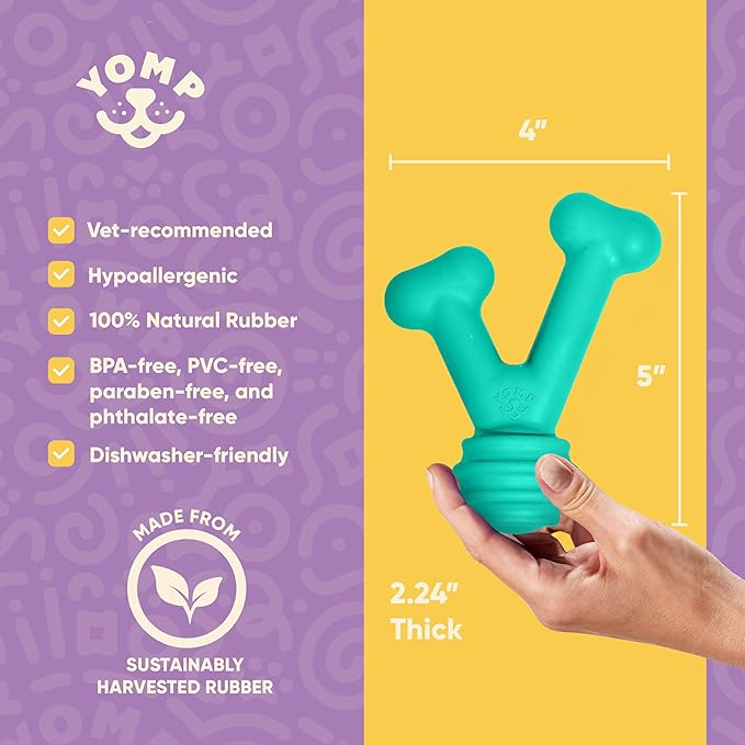 Yomp FunnyBone MAX: All-Natural Rubber Dog Toy, Nontoxic, Safe for Pet Play, Teal Colored, Dishwasher Safe, Freezer Safe for Teething Relief, Fun Dog Bone Toy