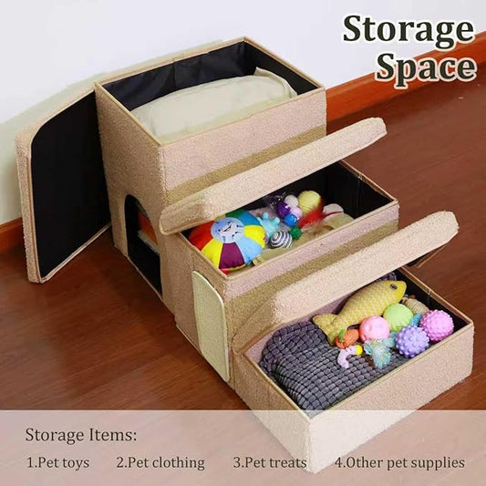 Dog Stairs with Storage and Condo,Cat Scratcher, 3-Step Sturdy Dog Steps for Small Medium or Large Older Dogs Cats, Folding Pet Stairs Climbing Sofas, high beds, Windows and Cars (Beige,16.7'' H)