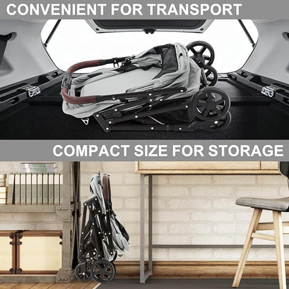 NO-Zip Pet Stroller for Small Dogs & Cats, Lightweight Dog Stroller with Reflective Safety Strips, One-Hand Fold, Claw-Proof Mesh, Breathable Travel Carriage, 33lbs Capacity, Gray