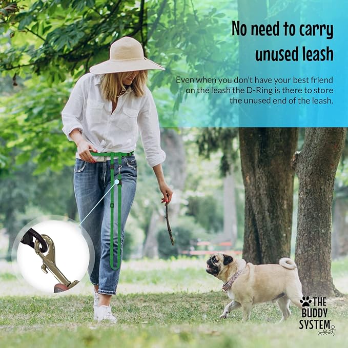 The Buddy System Hands Free Dog Leash, Adjustable Leash for Running, Jogging, Training and Service Dogs, Great for Small, Medium and Large Dogs, Made in USA (Green, Small Dog System (Large Belt))