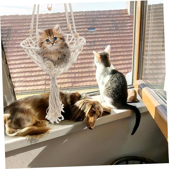 Bohemian Woven Hanging Cat Hammock 40cm Handcrafted Pet Nest Sturdy Cat Bed for Indoor Use to 30 Lbs