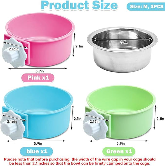 kathson Crate Dog Bowl, Removable Stainless Steel Hanging Pet Cage Bowl Food & Water Feeder Coop Cup for Cat, Puppy, Birds, Rats, Guinea Pigs (3 PCS, Size: M, Blue, Green, Pink)