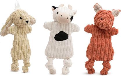 HuggleHounds Flatties - Dog Plush Toys to Keep Them Busy, Squeaky Crinkle Pet Toy for Small, Medium, & Large Dogs, Durable Stuffed Animal Toy, Bunny, Cow, & Pig - 3-Pack Barnyard HuggleFlatties, Small