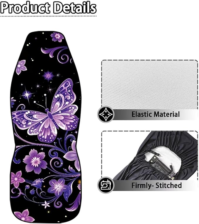 Dreaweet Car Seat Covers Front Seats Purple Butterfly Car Accessories for Women Interior 2 Piece Washable Universal High Back Bucket Seat Covers for Cars SUV Sedan