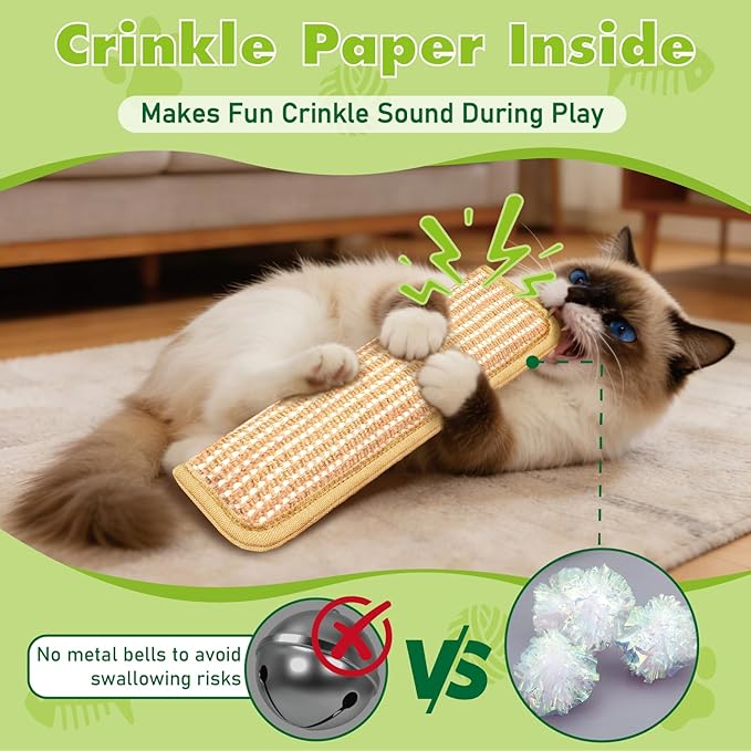 3 Pack Cat Toys, Organic Catnip Toys with Crinkle Sound, Interactive Sisal Cat Kicker Toy, Cat Chew Toy Pillow for Indoor Scratching & Chewing Fun