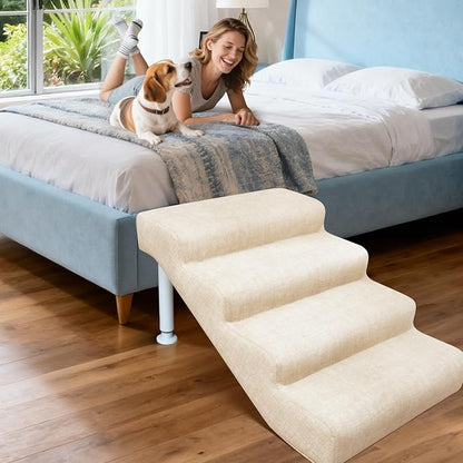 Adjustable Dog Stairs & Ramp for Cats and Dogs, 4-Step Pet Stairs for High Beds and Couch, 14.5"–17.7" Height, Linen Faux Leather, Waterproof, Scratch-Resistant, Non-Slip Indoor Pet Ramp