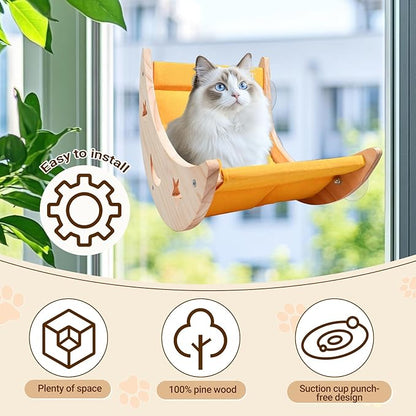 Cat Hammock Moon Bed Window Mounted Hammock Strong Suction Cup Shelves and Perches Solid Wood Furniture Platforms Beds Hanging for Cats and Kitty Easy Installation Single Moon