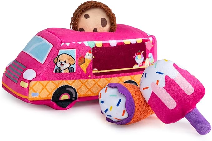 Hollypet Squeaky Dog Toy, Interactive Plush Hide and Seek Dog Toys for Small Medium Sized Dogs and Non-Aggressive Chewers, Puppy Teeth Clean Chew Toys, Ice Cream Truck