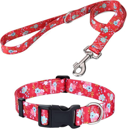 Dog Collar and Leash Set with Bohemia Floral Tribal Geometric Patterns - Soft Ethnic Style Collar Adjustable for Small Medium Large Dogs(Red Floral Set,M)
