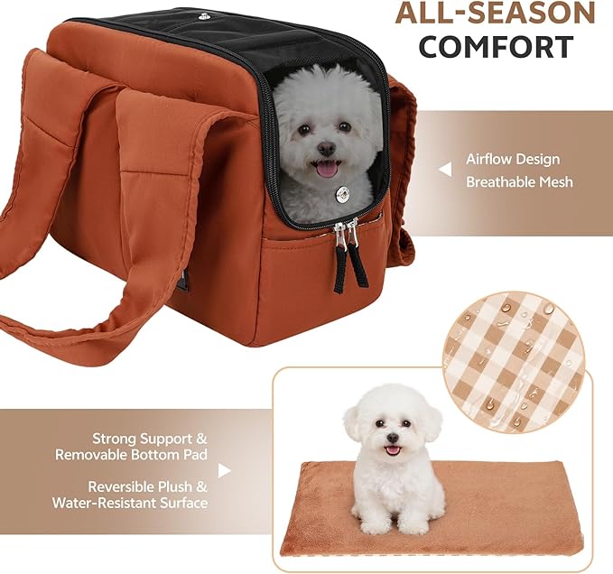 Dog Purse Carrier for Small Dogs and Cats, Soft-Sided Pet Tote Bag with 6 Large Pockets, Collapsible Travel Puppy Carrier, Fits Pets up to 13 lbs (Caramel, 15.7" L x 8" W x 11.8" H)
