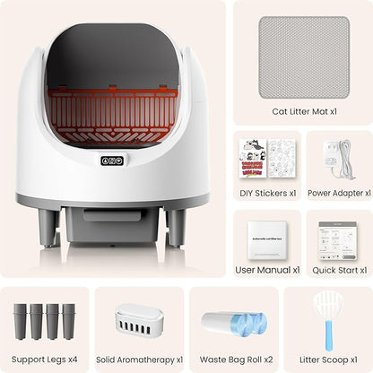 Bashaw Self Cleaning Litter Box, Large Capacity Automatic Litter Box for Multiple Cats, App Control, Safety Sensors, 2 Rolls of Garbage Bags (White)