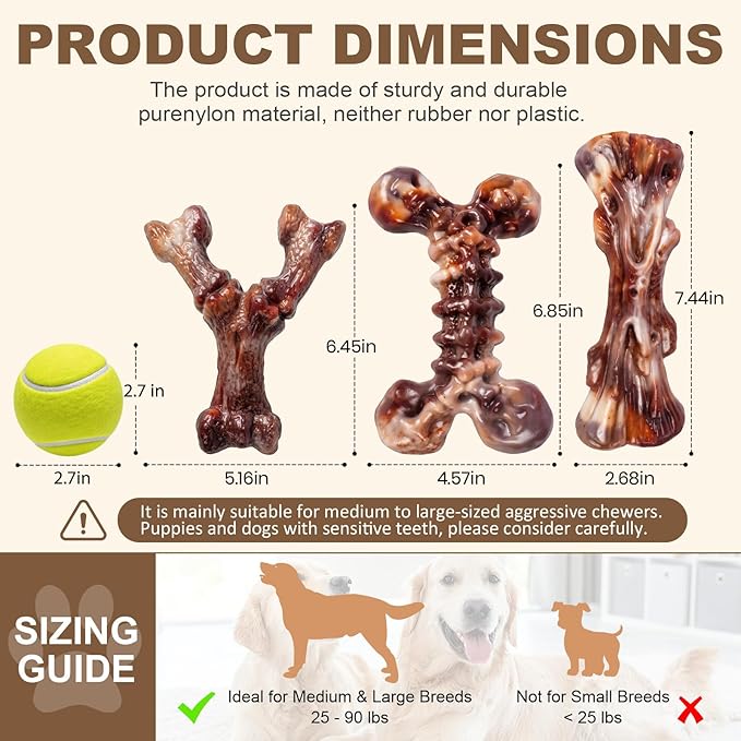 6-Pack Heavy Duty Nylon Dog Chew Toys for Medium Large Dogs, Bacon Flavor, Pure Nylon for Aggressive Chewers, Reduces Boredom, Varied Shapes, Designed for 25-90 lbs Breed Sizes