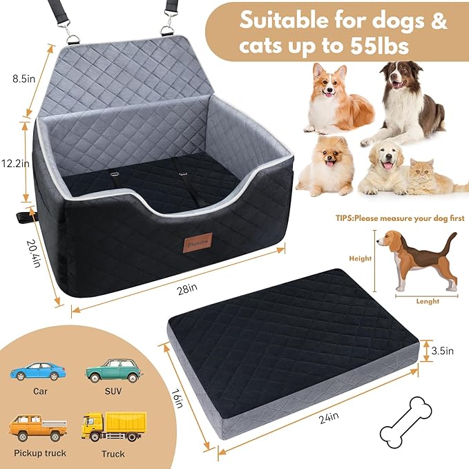 Persure Dog Car Seat for Large Medium Size Puppy Dog,Soft Fabric Dogs Bed Filling Memory Foam,2 Clip-On Safety Leashs and 2 Pockets,Removable and Washable Comfy Pet Travel Car Seat(Black, Large)