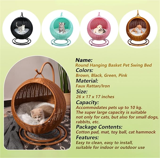 Wicker Cat Swing Bed Pet Swing with Stand & Cushion & Hanging Ball for Indoor Outdoor Lightweight Hanging Pet Hammocks for Cat, Dogs, and Small Animals(Brown)