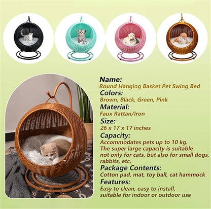 Wicker Cat Swing Bed Pet Swing with Stand & Cushion & Hanging Ball for Indoor Outdoor Lightweight Hanging Pet Hammocks for Cat, Dogs, and Small Animals(Brown)