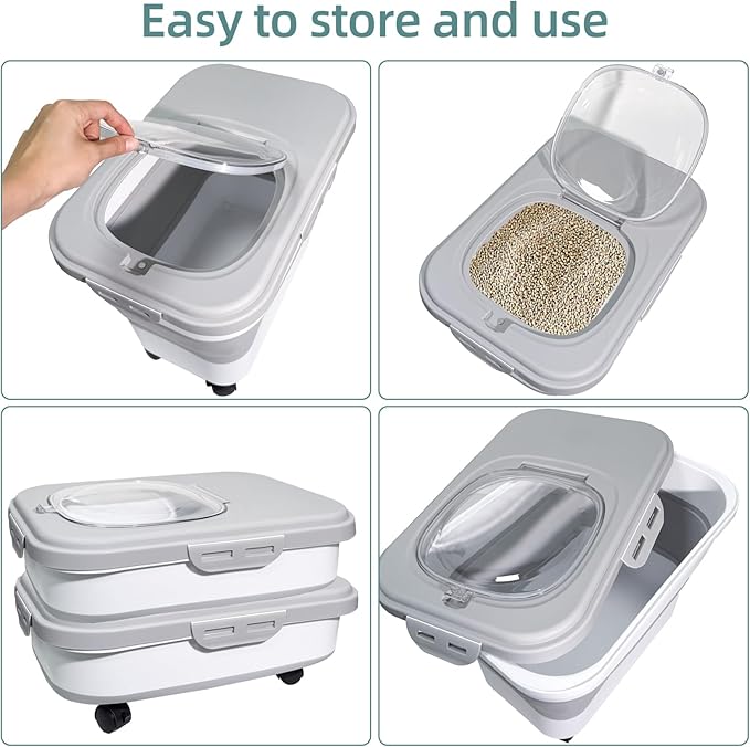 Collapsible Cat Litter Storage Container with Rolling Casters,20 Lbs Cat Litter Storage with Wheels,Airtight Lids,Cat Litter Shovel,Portable Cat Litter Storage Bin Container,BPA Free (Gray)