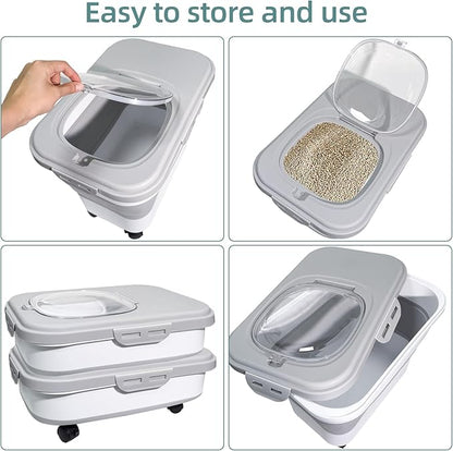 Collapsible Cat Litter Storage Container with Rolling Casters,20 Lbs Cat Litter Storage with Wheels,Airtight Lids,Cat Litter Shovel,Portable Cat Litter Storage Bin Container,BPA Free (Gray)