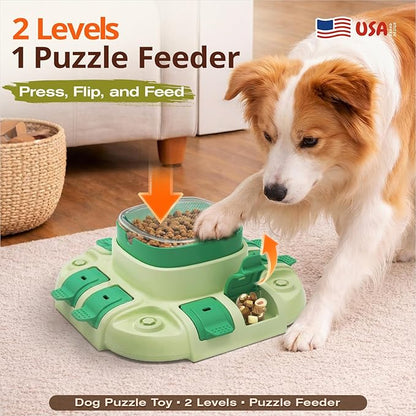 KADTC 2 Levels of Challenge Dog Puzzle Feeder Toy U.S. Brand & Design Push-to-Release Treat Dispenser for Small Medium Large Dogs All Breeds Puppy Mental Stimulation Enrichment Feeding Food Slow Toys