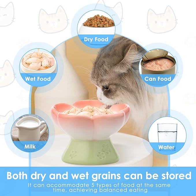 Ceramic Raised Slow Feeder Dog Bowl for Dry Wet Food, Smooth Surface Elevated Cat Food Bowl, Flower Shape Pet Food Bowls for Small Cat Dog, 150ml/5oz (Style 2)