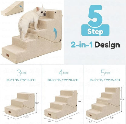 5-Step Dog Stairs and Ramp for Small Dogs and Cats, Pet Steps for High Bed with Non-Slip Bottom, Beige